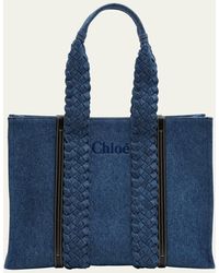 Chloé - Woody Large Tote Bag In Denim With Braided Handles - Lyst