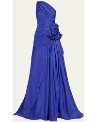 Pamella Roland - Pleated One-shoulder Taffeta Gown With Floral Detail - Lyst