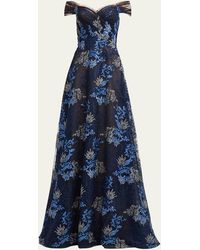 Teri Jon - Off-shoulder Floral-embroidered Tulle Gown - Lyst