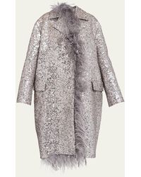 Valentino Garavani - Sequin Embroidered Long Coat With Feather Trim - Lyst