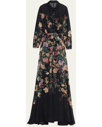 Teri Jon - Belted Floral-print Chiffon Shirt Gown - Lyst
