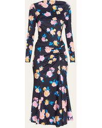 Monique Lhuillier - Floral-print Long-sleeve Midi Dress With Side Drape - Lyst