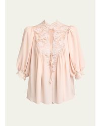 Chloé - Lace-Trim Puff-Sleeve Organic Silk Crepe De Chine Top - Lyst