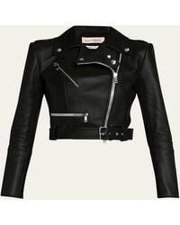 McQueen - Cropped Leather Biker Jacket - Lyst