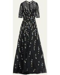 Teri Jon - Beaded Floral-appliqué Illusion A-line Gown - Lyst