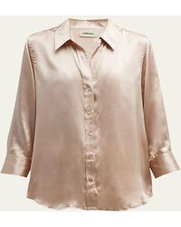 L'Agence - Dani Silk Satin 3/4-Sleeve Button-Down Blouse - Lyst