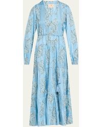 Hannah Artwear - Larissa Embroidered Silk Habotai Tiered Midi Dress - Lyst