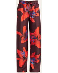 McQueen - Lily-Print Silk Wide-Leg Pull-On Trousers - Lyst