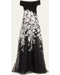 Teri Jon - Off-shoulder Embroidered Crepe Gown - Lyst