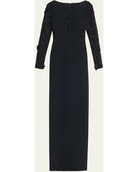 Pamella Roland - Black Crepe Gown With Lace Panels And Sleeves - Lyst