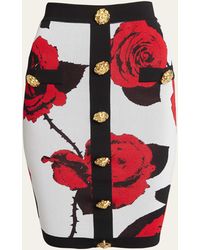 Balmain - Rose Print Knit Pencil Skirt With Button Detail - Lyst