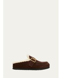 Prada - Shearling-Lined Suede Buckle Clogs - Lyst