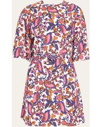 Andrew Gn - Leaf-print Crystal Belted Cape-sleeve Mini Silk Dress - Lyst