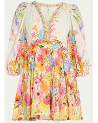 Camilla - Blouson-sleeve Flared Cotton-silk Mini Dress - Lyst