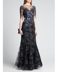 Teri Jon Lace Embroidered Illusion Gown in Navy (Blue) - Lyst