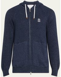 Brunello Cucinelli - Ribbed Cotton-linen Hooded Full-zip Sweater - Lyst