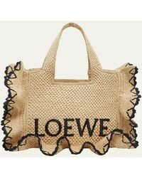 Loewe - X Paula's Ibiza Font Logo Small Tote Bag In Raffia With Ruffles - Lyst