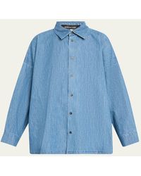 Eskandar - Angled-To-Front Side Seam Denim Shirt With Collar (Long Length) - Lyst
