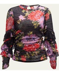 Cinq À Sept - Elle Floral-print Ruffle-sleeve Shirred Top - Lyst