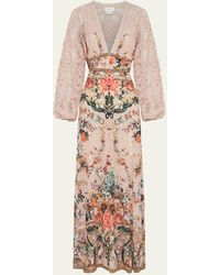 Camilla - Lace-sleeve Silk Button-front V-neck Maxi Dress - Lyst