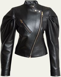 Chloé - Plonge Leather Biker Jacket With Petal Pleated Sleeves - Lyst