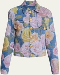 Balmain - Rose-print Denim Jacket - Lyst