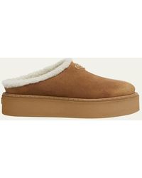 Prada - Suede Shearling Cozy Platform Mules - Lyst