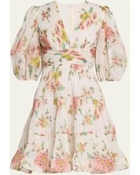 Zimmermann - Floral Pleated Puff-sleeve Mini Dress - Lyst