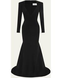 Alex Perry - Long Sleeve Mermaid Satin Crepe Paneled Gown - Lyst