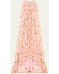 Carolina Herrera - Plunging Floral-print Ruffle Cape Gown - Lyst