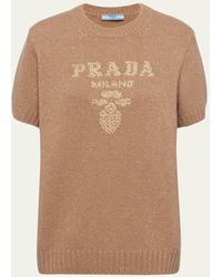 Prada - Metallic Logo Intarsia Boxy Wool Cashmere Sweater - Lyst
