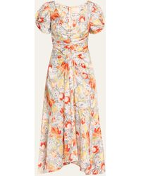Cinq À Sept - Ximena Draped Floral Puff-sleeve V-neck Midi Dress - Lyst