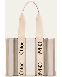 Chloé - X High Summer Woody Medium Tote Bag In Striped Linen And Leather - Lyst