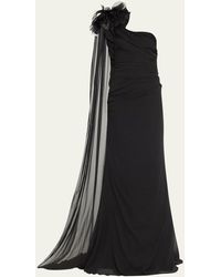 Pamella Roland - Chiffon Draped One-shoulder Gown With Floral Detail - Lyst