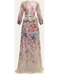 Teri Jon - Blouson-sleeve Floral-print Chiffon Gown - Lyst
