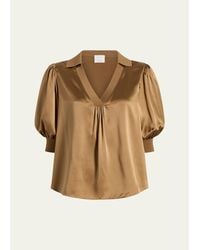 Cinq À Sept - Weldon Collared V-Neck Short-Sleeve Silk Combo Top - Lyst