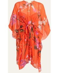 Erdem - Floral-print Tie-waist Silk Mini Kaftan Dress - Lyst
