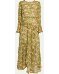 Saloni - Jolene Floral Silk Long Ruffle Dress - Lyst