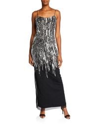 Aidan Mattox Beaded Column Gown Back Slit & Spaghetti-straps - Black