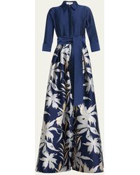 Teri Jon - 3/4-sleeve Floral Jacquard Shirt Gown - Lyst