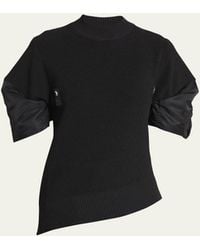 Sacai - Satin Puff-sleeve Rib Knit Asymmetric Sweater - Lyst