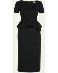 Roland Mouret - Asymmetric Twist Boucle Belted Peplum Midi Dress - Lyst