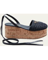 Prada - Ankle-wrap Raffia Platform Sandals - Lyst