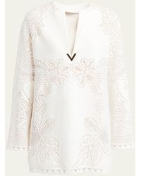 Valentino Garavani - V-logo V-neck Long-sleeve Floral Guipure Tunic Mini Dress - Lyst