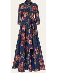 Carolina Herrera - Floral Silk Belted Long-Sleeve Trench Gown - Lyst