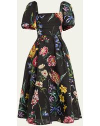 Marchesa - Puff-sleeve Floral Jacquard Midi Dress - Lyst