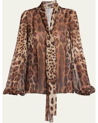 Dolce & Gabbana - Leopard Print Tie-neck Chiffon Blouse - Lyst