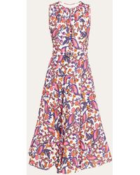 Andrew Gn - Leaf-print Flounce Belted Silk Midi Dress - Lyst
