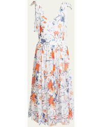 Erdem - Floral-print Tiered Belted Midi Dress With Self-tie Shoulders - Lyst