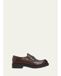 Prada - Leather Enamel Logo Moc-Toe Penny Loafers - Lyst